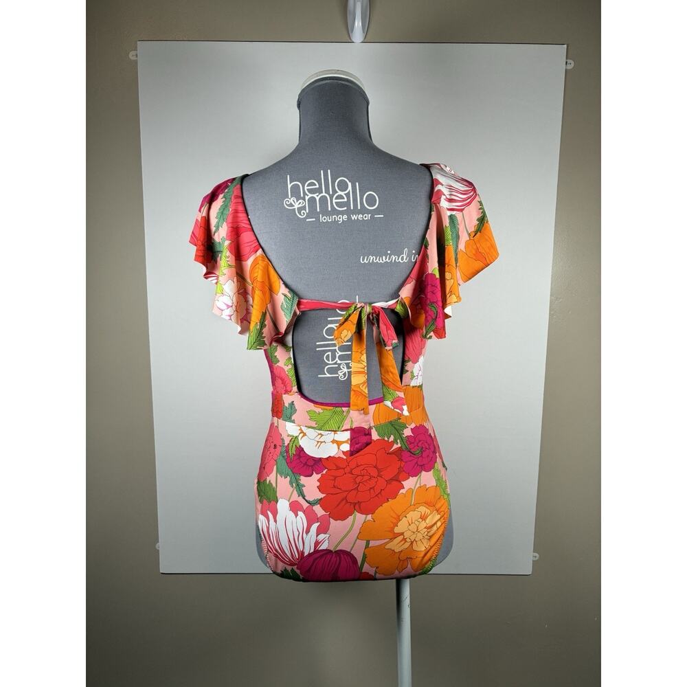Trina Turk Size 10 Floral Ruffle One Piece Swimsuit Pink Boho Resort Tropical - Picture 2 of 5